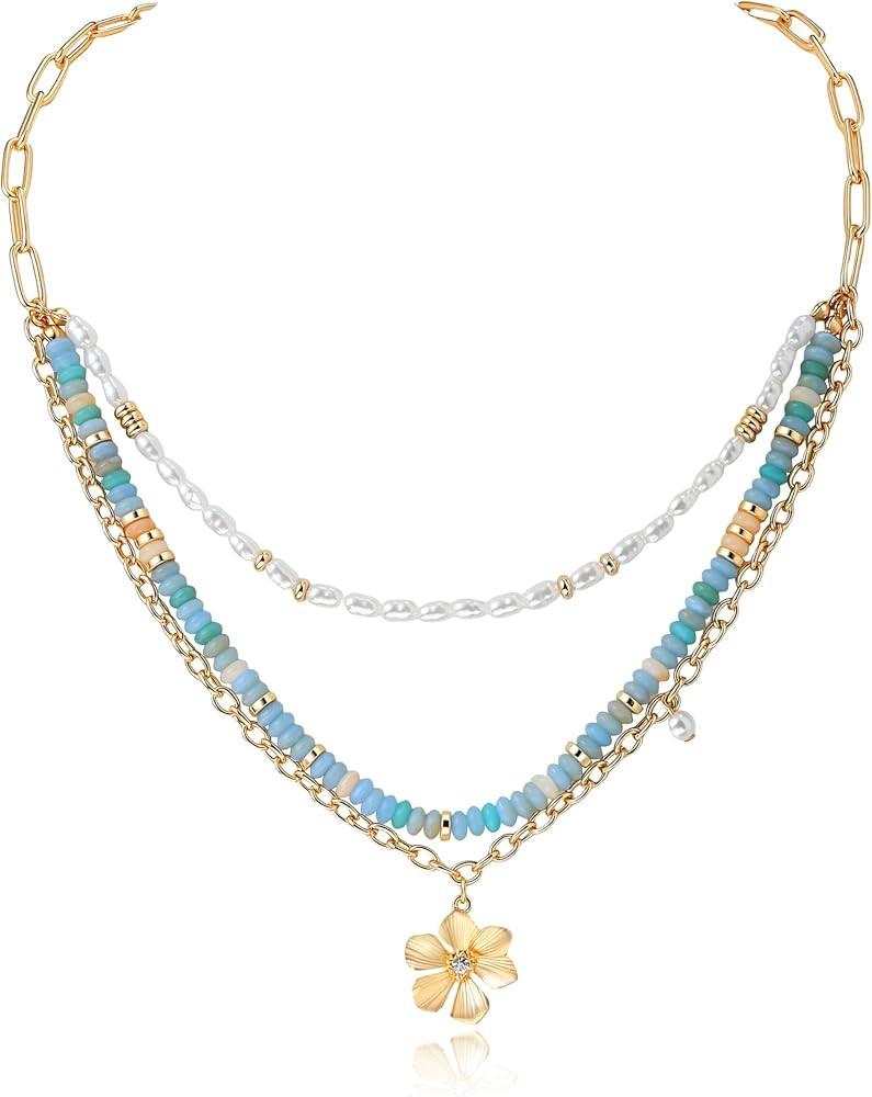 Layered Necklaces for Women, Gold Tone Flower Pendant Necklace with Blue Acrylic Beads and Pearl-... | Amazon (US)