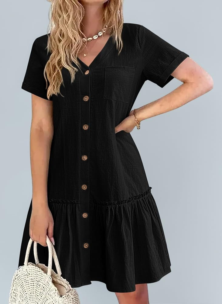Hotouch Sommerkleid Damen Button Down Leinenkleid Strandkleid Casual V-Ausschnitt Minikleid Kurza... | Amazon (DE)