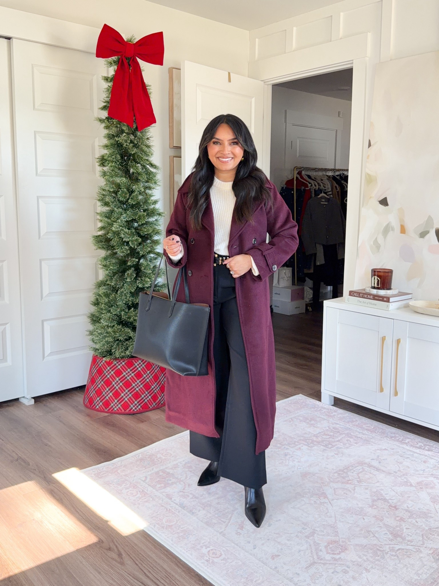 Red wine burgundy wool trench coat size xs petite TTS
Ivory sweater size xs TTS
Black wide leg pants size 26 short TTS
Black leather boots size 5.5 TTS

#LTKWorkwear #LTKSaleAlert #LTKPetite