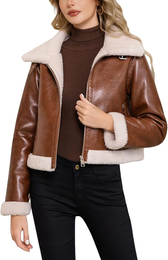 DIASHINY Women Fur Leather Jacket Faux Fur Lined Shearing Cropped Moto Biker Coat | Amazon (US)
