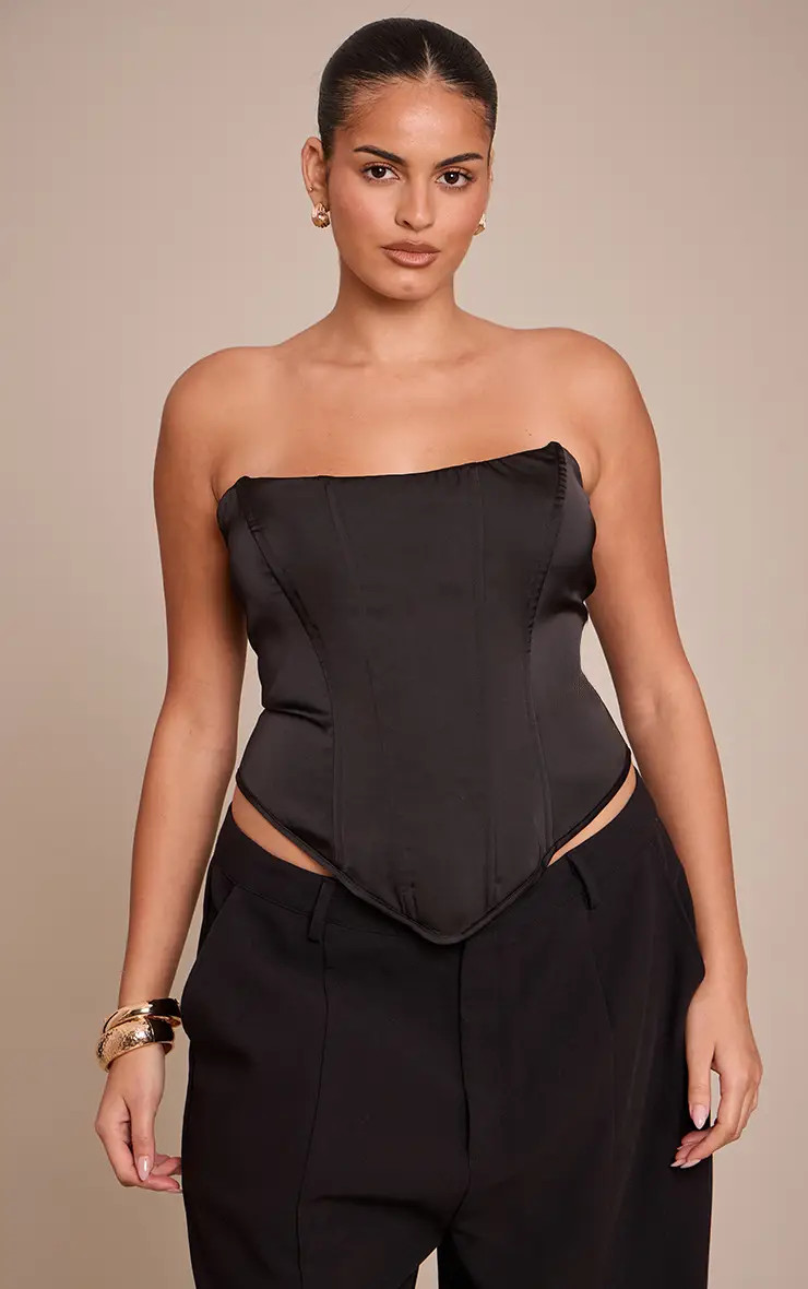 Tops | Plus Black Satin Lace Trim Corset | PrettyLittleThing | PrettyLittleThing US