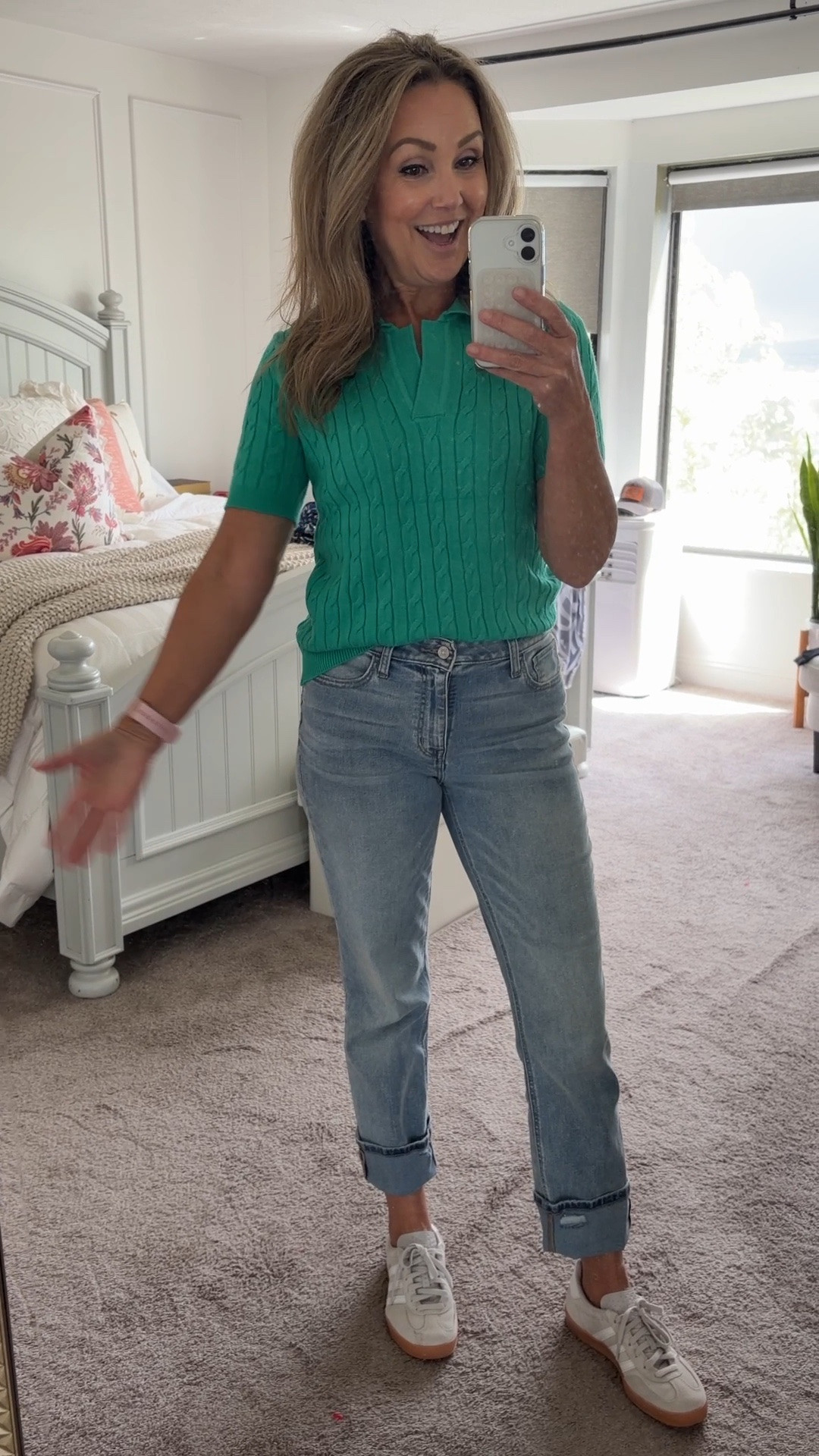 Simple outfit formula: 

Jeans - wearing in size 8REG 
Polo short sleeve sweat sweater - wearing size M.

Gazelle sneakers - the kind of sneaker that will go with anything, including dresses! 

#WomenOver50 #SpringStyle #SpringOutfit

#LTKOver40 #LTKgrwm #LTKootd