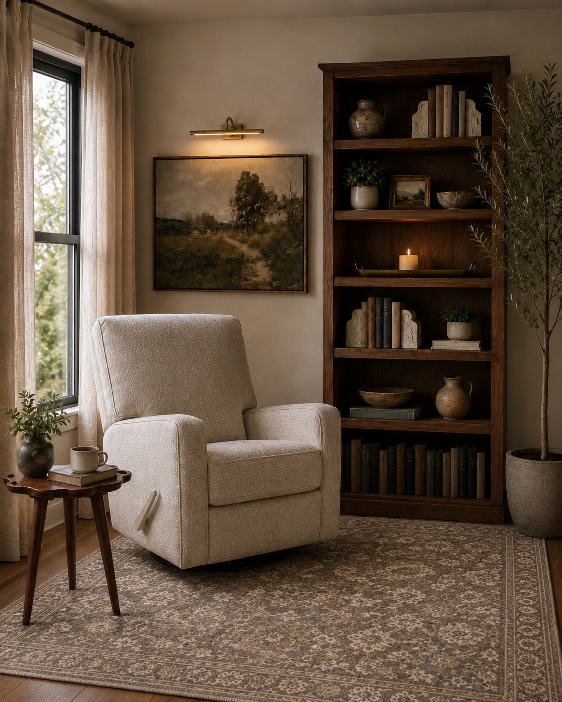 Cozy reading nook goals 🤎 This corner has everything I love: a comfy cream recliner, warm wood bookshelf, vintage-style art, picture light, neutral curtains, olive tree, textured rug and a little side table for coffee because obviously the book is optional but the coffee is not. Such an easy way to make a living room feel warm, collected and actually lived in.

Reading nook, cozy reading nook, living room reading nook, neutral reading nook, cream recliner, swivel recliner, nursery recliner, living room recliner, comfortable accent chair, cozy accent chair, upholstered recliner, wood bookshelf, tall bookshelf, bookshelf decor, bookshelf styling, built in bookshelf look, vintage books, decorative bookends, travertine bookends, stone bookends, picture light, brass picture light, wall art light, landscape wall art, vintage landscape art, framed landscape art, traditional wall art, cozy living room, warm neutral decor, earthy home decor, organic modern decor, transitional decor, traditional home decor, neutral curtains, linen curtains, olive tree, faux olive tree, potted olive tree, indoor tree, ceramic planter, neutral area rug, vintage rug, living room rug, small side table, round side table, wood side table, coffee table alternative, cozy corner decor, Amazon home finds, LTK home finds

#LTKstorytime #LTKSeasonal #LTKHome