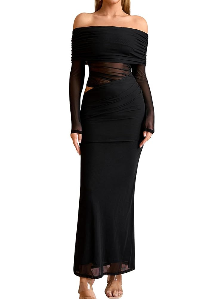 KUTUMAI Vestido largo de manga larga con hombros descubiertos para mujer, con corte fruncido, ent... | Amazon (US)