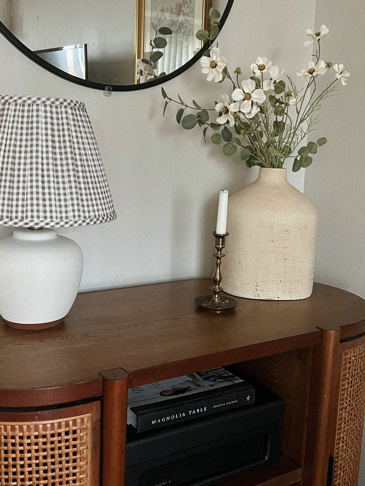 styling “cream cosmo spray” from hobby lobby

Threshold Designed with Studio McGee, Hearth & Hand with Magnolia, vintage, neutrals, affordable home decor, Target, brass candle holder, vase, faux greenery, table lamp, walnut console table, black mirror, taper candles

#LTKhome #LTKSeasonal #LTKstyletip
