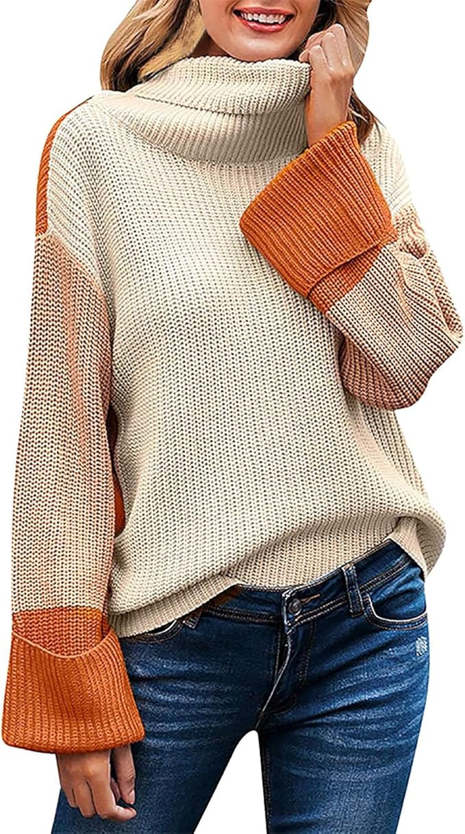 Heevina Sweaters for Women Turtle Neck Knitted Thick Color Block High Neck Knit Chunky Loose Wint... | Amazon (US)
