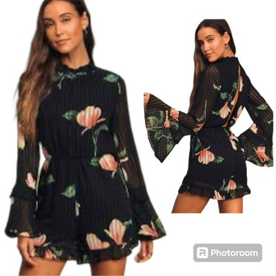 Lulus Talking Sweet Black Floral Print Long Sleeve Sheer Ruffle Cutout Romper S  | eBay | eBay US