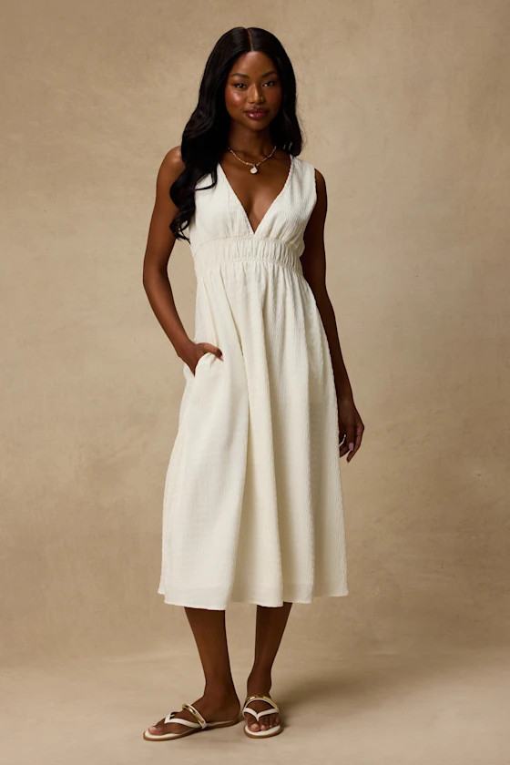 Anamaya Ivory Textured V-Neck Midi Dress | Lulus
