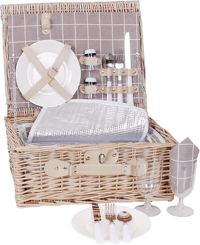 Wicker Picnic Basket for 2 Persons, Willow Picnic Set with Insulated Liner for Picnic, Camping, O... | Amazon (US)