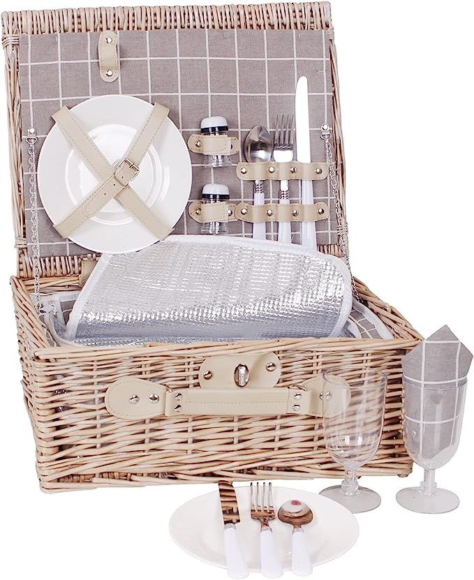 Wicker Picnic Basket for 2 Persons, Willow Picnic Set with Insulated Liner for Picnic, Camping, O... | Amazon (US)