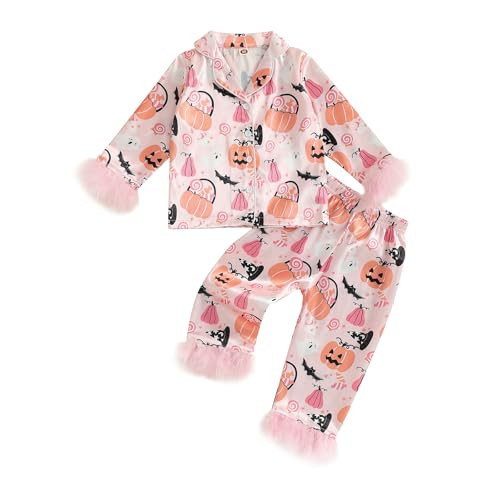 Kayotuas Halloween Pajamas Set Toddler Girl Pumpkin Pjs Feather Cuffs Button Down Shirt Pants Sleepwear Cute 2Pcs Loungewear (Pink, 7-8 Years) | Amazon (US)