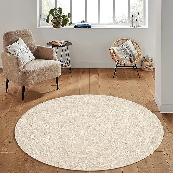 Hausattire Hand Woven Jute Braided Area Rug, 8' Round – Off White, Reversible Boho Rugs for Kit... | Amazon (US)