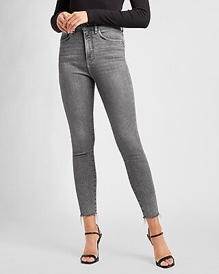 Super High Waisted Gray Raw Hem Skinny Jeans | Express