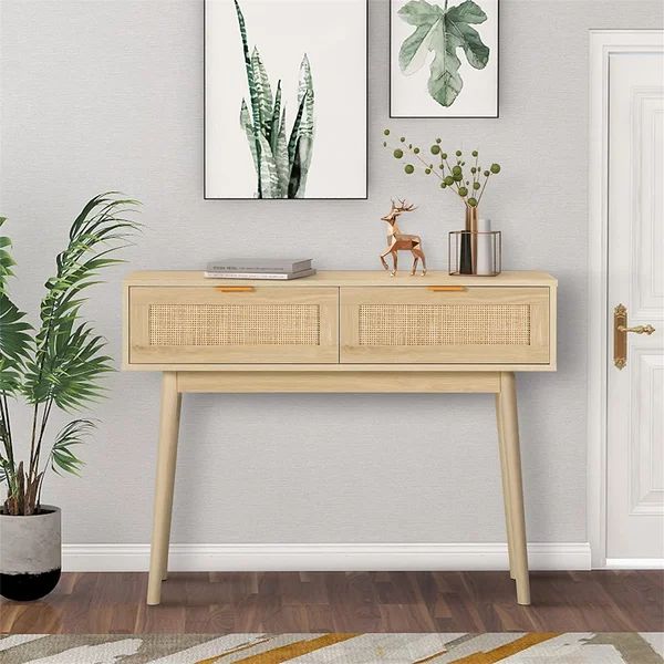 Console Table, Oak Grain Sofa Table With Wood Frame, Rustic Hallway Table With 2 Bamboo Weaving S... | Wayfair North America