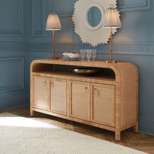 Reya Rattan and Grasscloth Mahogany Sideboard Storage Cabinet with Doors | Ballard Designs, Inc.