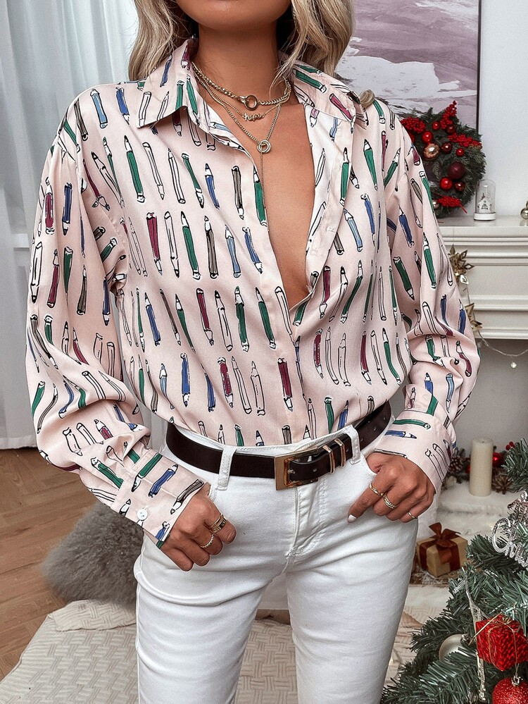 Drop Shoulder Allover Pencil Print Blouse | SHEIN