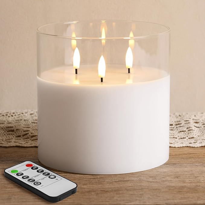 Large 3 Wick Clear Glass Flameless Pillar Candle with Remote | 6x6 inch LED Candle Flickering, Tr... | Amazon (US)