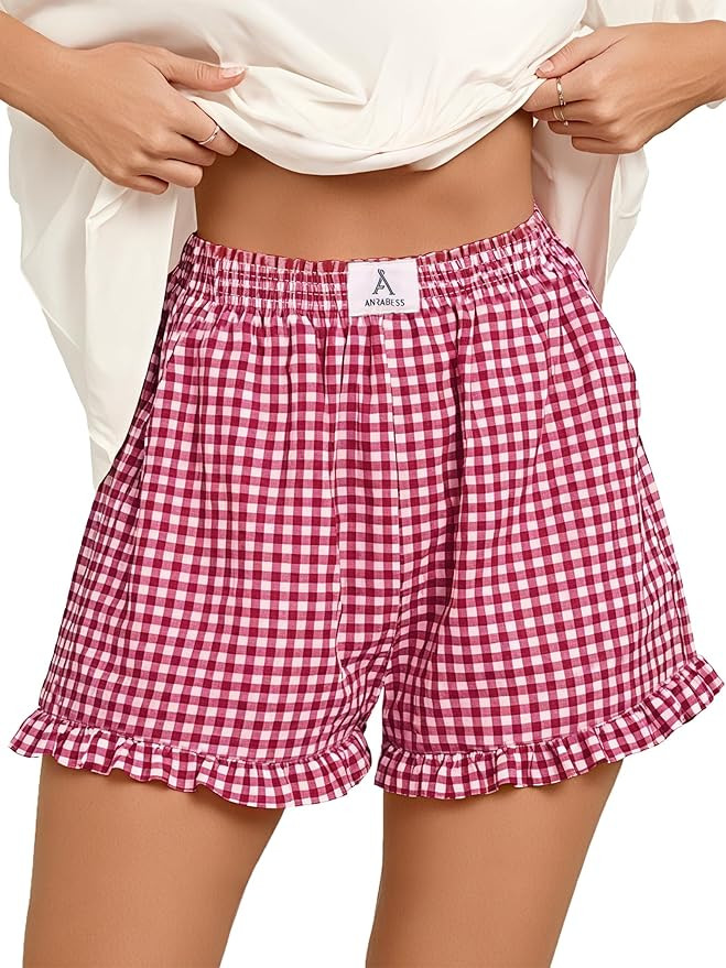 ANRABESS Boxer Shorts for Women,Gingham Plaid Elastic Waist Ruffle,Perfect for Lounge,Pajama&Slee... | Amazon (US)