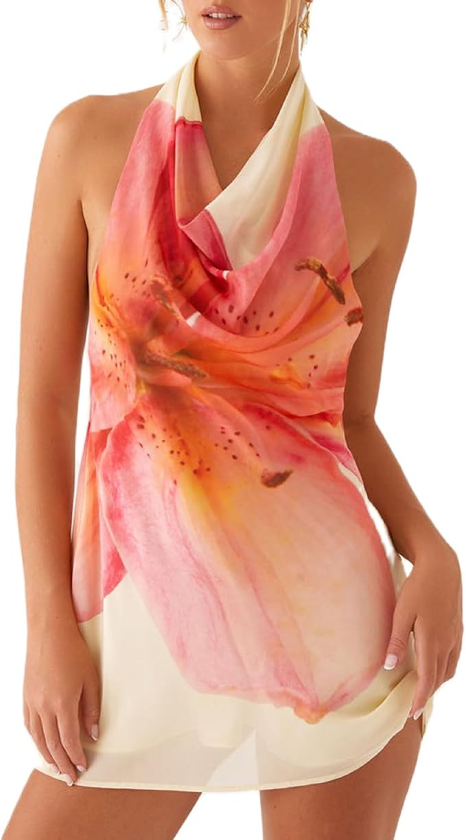 Women Halter Low Neck Mini Dress Sexy Cutout Sleeveless Boho Short Dresses Open Back Night Party ... | Amazon (US)