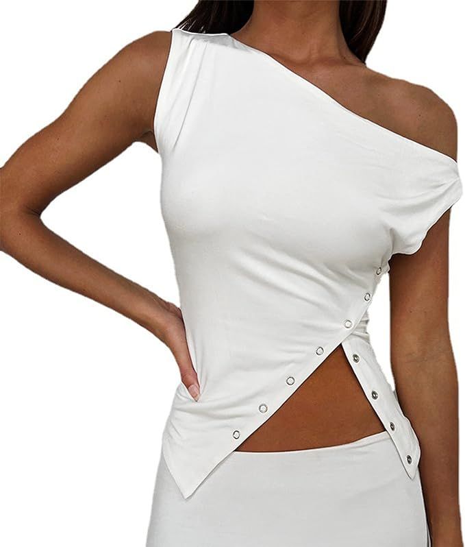 SAFRISIOR Women One Shoulder Button Sexy Crop Top Solid Sleeveless Off Shoulder Asymmetric Crop T... | Amazon (US)