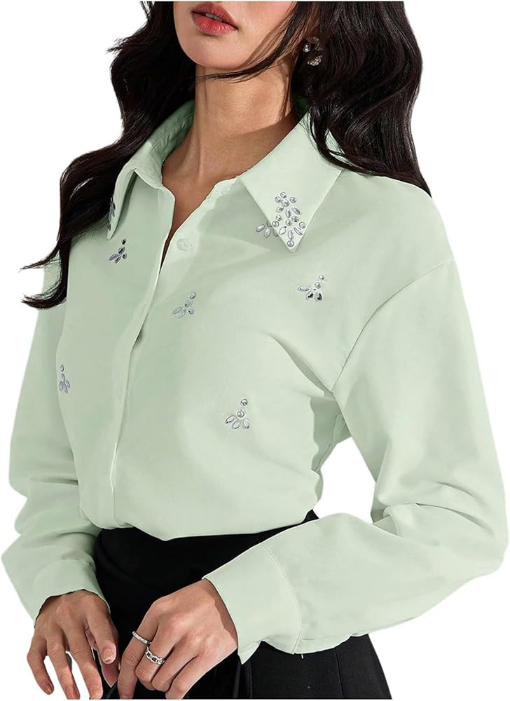 SweatyRocks Women's Long Sleeve Button Down Shirts Blouses Rhinestone Business Work Tops | Amazon (US)