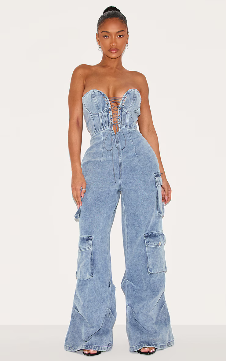 Shape Vintage Mid Wash Denim Bandeau Lace Up Front Wide Leg Jumpsuit | PrettyLittleThing US