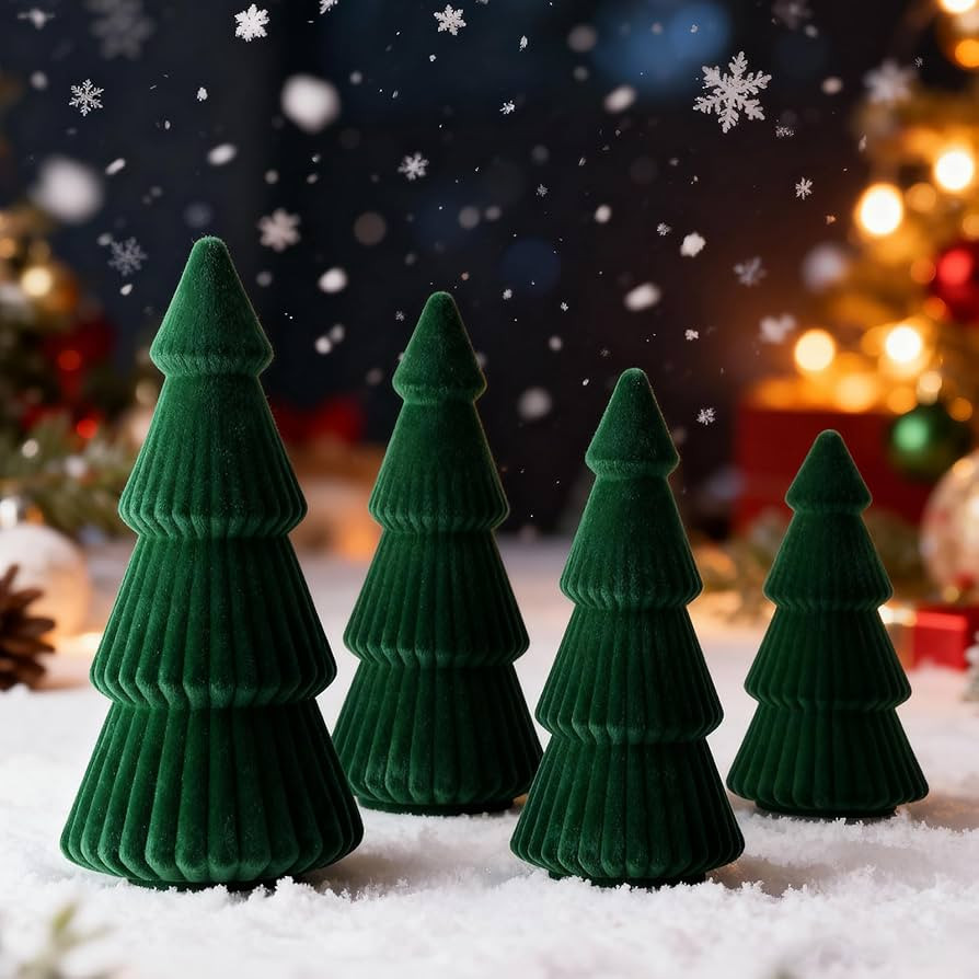 Lanpn 4 Pcs 6" 8" 10" Christmas Velvet Tree Figurine Decoration, Xmas Cone Tree Set Indoor, Small... | Amazon (US)