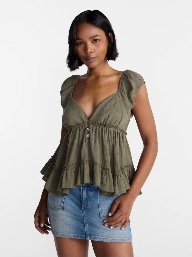 No Boundaries Boho Woven Babydoll Top, Women's XXS-XXL | Walmart (US)