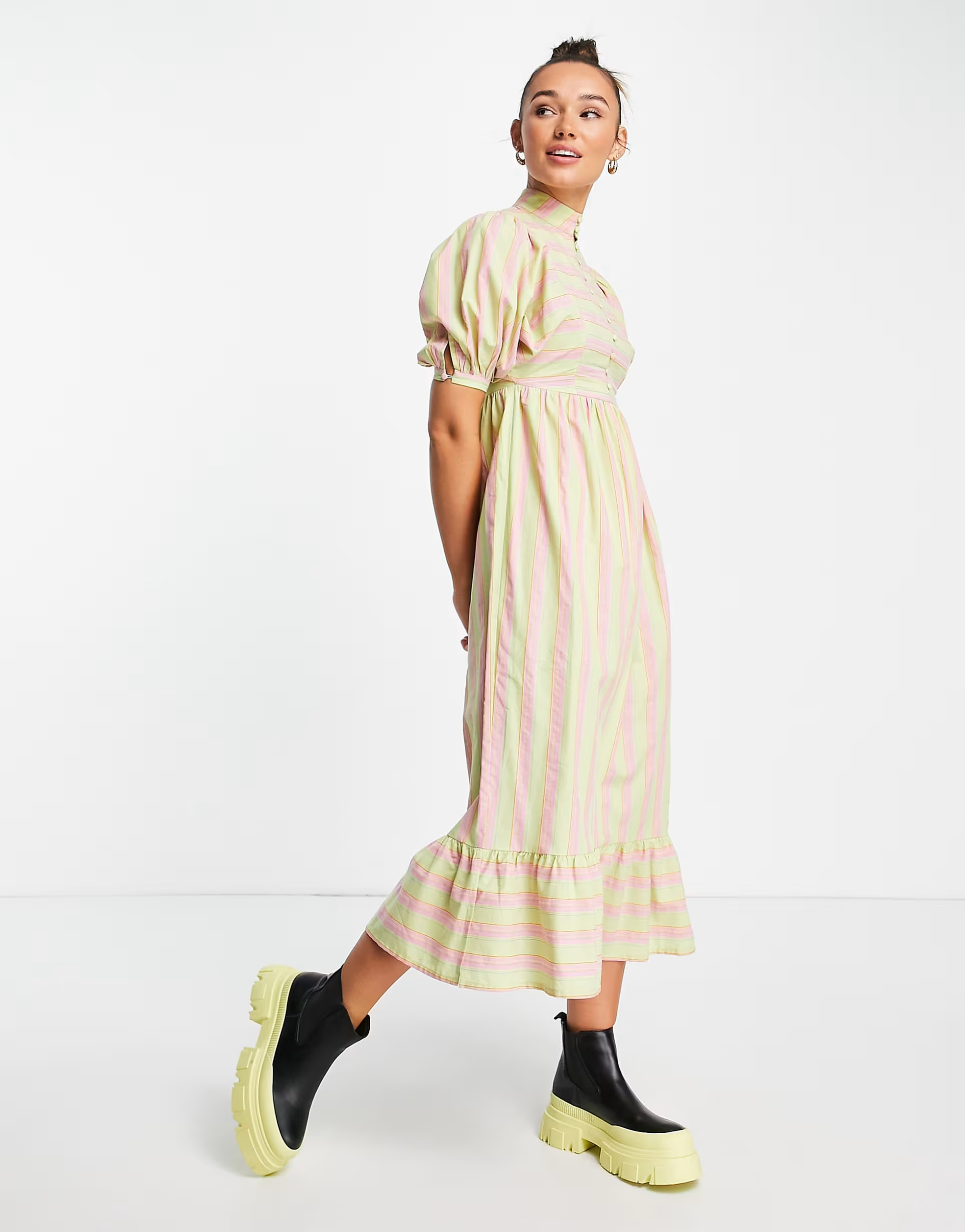 Lost Ink stripe button front midaxi dress in green and pink | ASOS (Global)