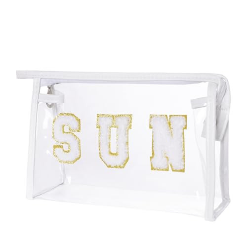 Hmxpls Clear Preppy Patch Makeup Bag, Sun Chenille Letter Bag for Beach, Pouch With Zipper, Travel Cosmetic Toiletry Bag for Women Girls Teens (White) | Amazon (US)