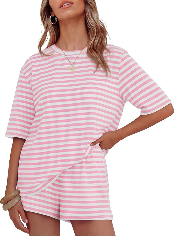 Amazon.com: ZESICA Womens Summer 2 Piece Short Sets Striped Oversized Matching Lounge Airport Tra... | Amazon (US)