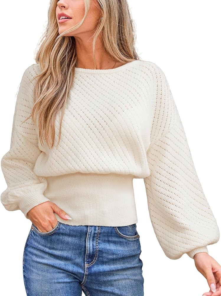 CUPSHE Women's Trendy Knit Sweater 2025 Boatneck Puffy Sleeves Cinched Waist Pullover Tops Fall F... | Amazon (US)