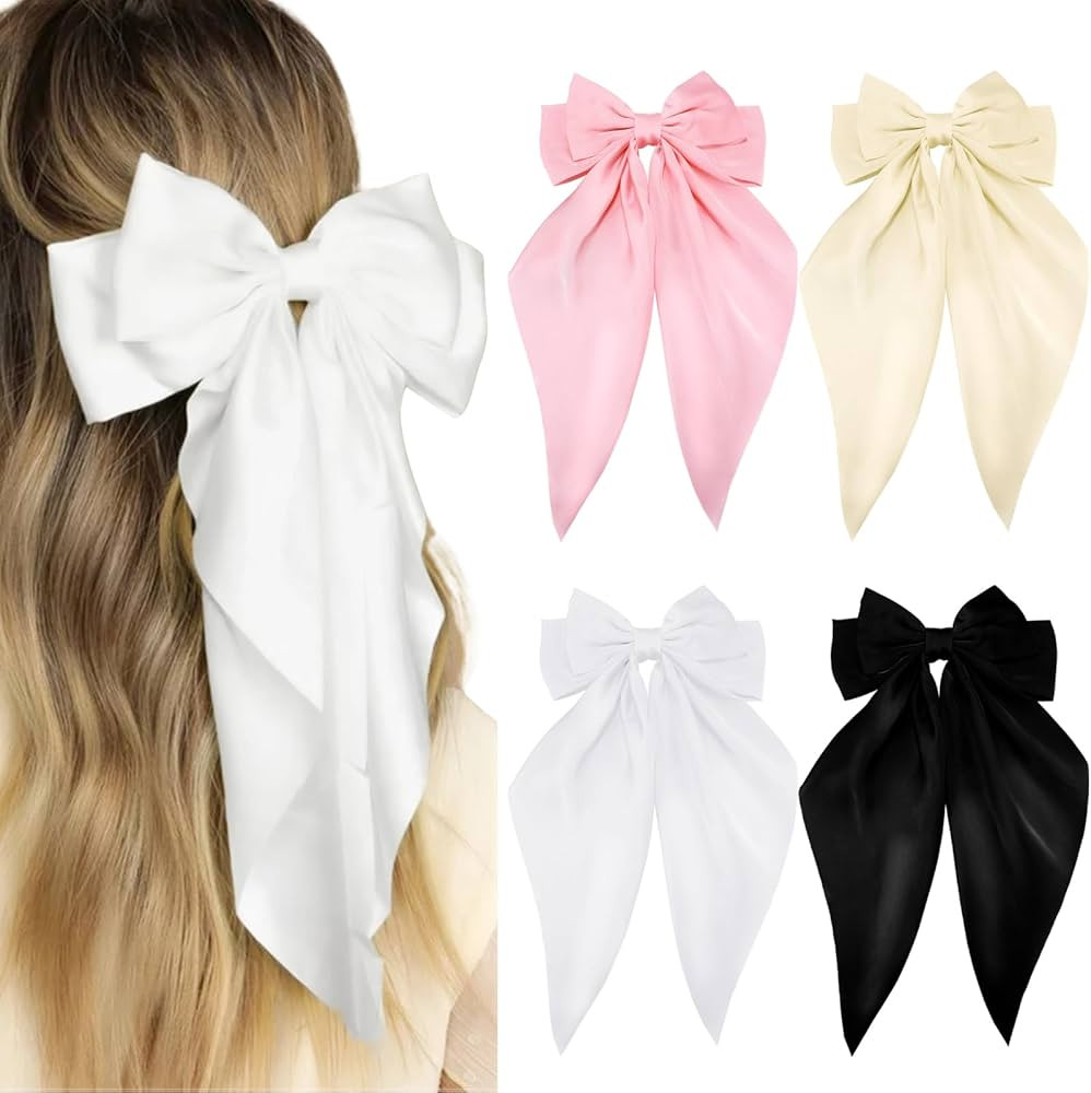 4Pcs Hair Bows for Women Big Bows for Hair Black Silky Satin Bow Hair Clips White Pink Hair Ribbo... | Amazon (US)