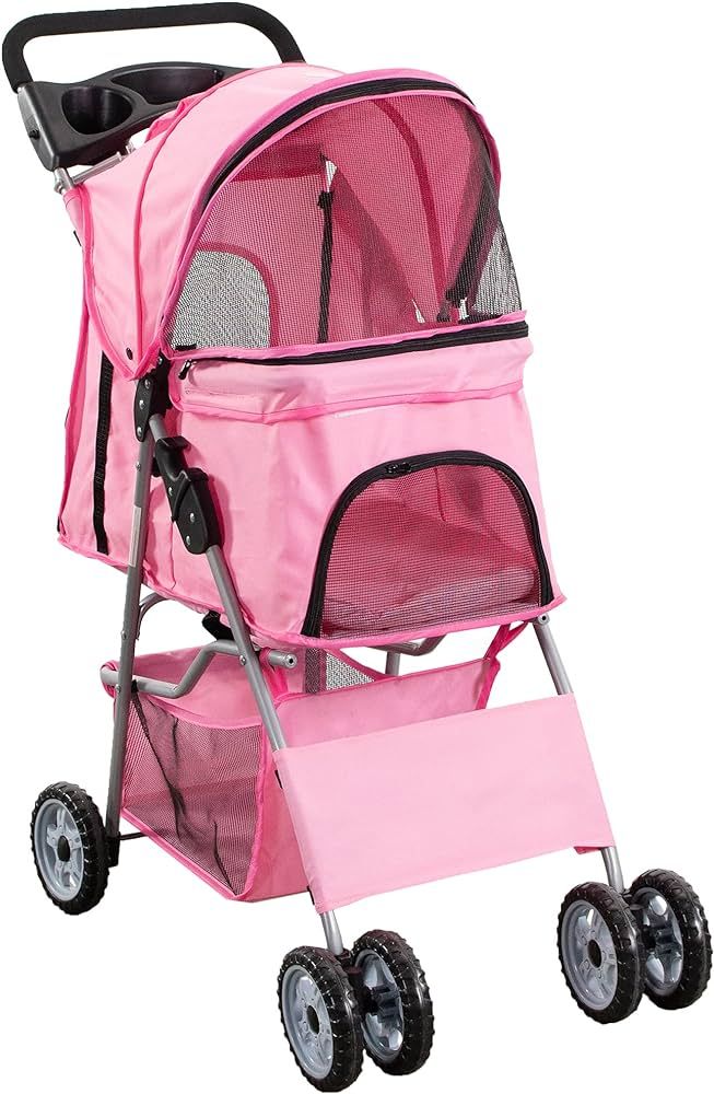 VIVO Pink 4 Wheel Pet Stroller for Cat, Dog and More, Foldable Carrier Strolling Cart, STROLR-V00... | Amazon (US)