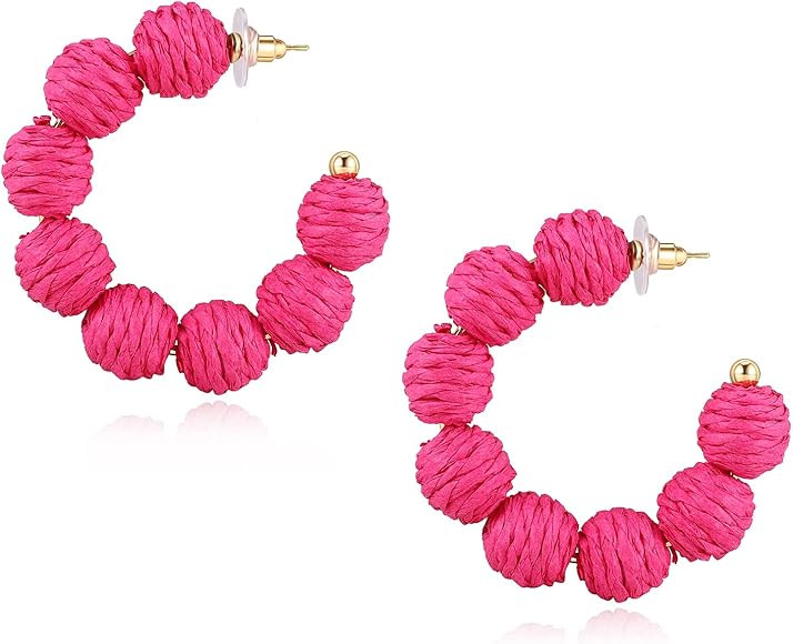 Raffia Hoop Earrings for Women Boho Colorful Rainbow Beaded Earrings Bohemian Statement Rattan Ea... | Amazon (US)