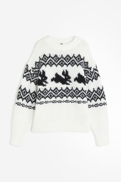 Oversized jacquard-knit jumper - White/Rabbits - Ladies | H&M GB | H&M (UK, MY, IN, SG, PH, TW, HK)