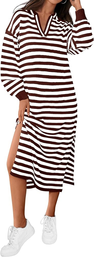 MASCOMODA Womens Fall Dresses 2024 Striped Sweater Dress Casual Long Sleeve V Neck Collared Loose... | Amazon (US)