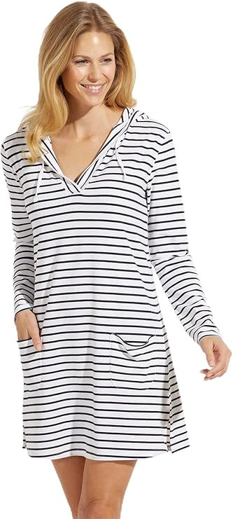 Hooded Cover-Up Dress with Pockets - UPF 50+ Sun Protection - Catalina in White/Navy Stripe at Am... | Amazon (US)