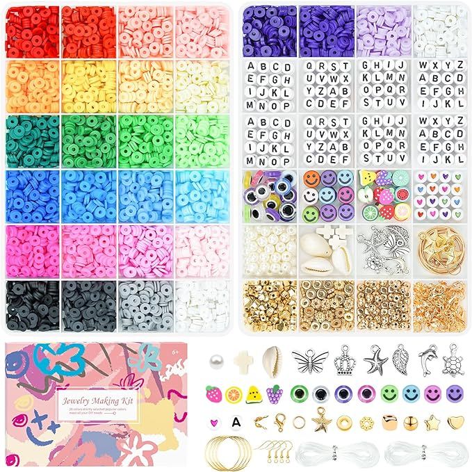 Velavior 6000 Pcs Clay Beads Bracelet Making Kit, 28 Colors Preppy Friendship Flat Polymer Heishi... | Amazon (US)