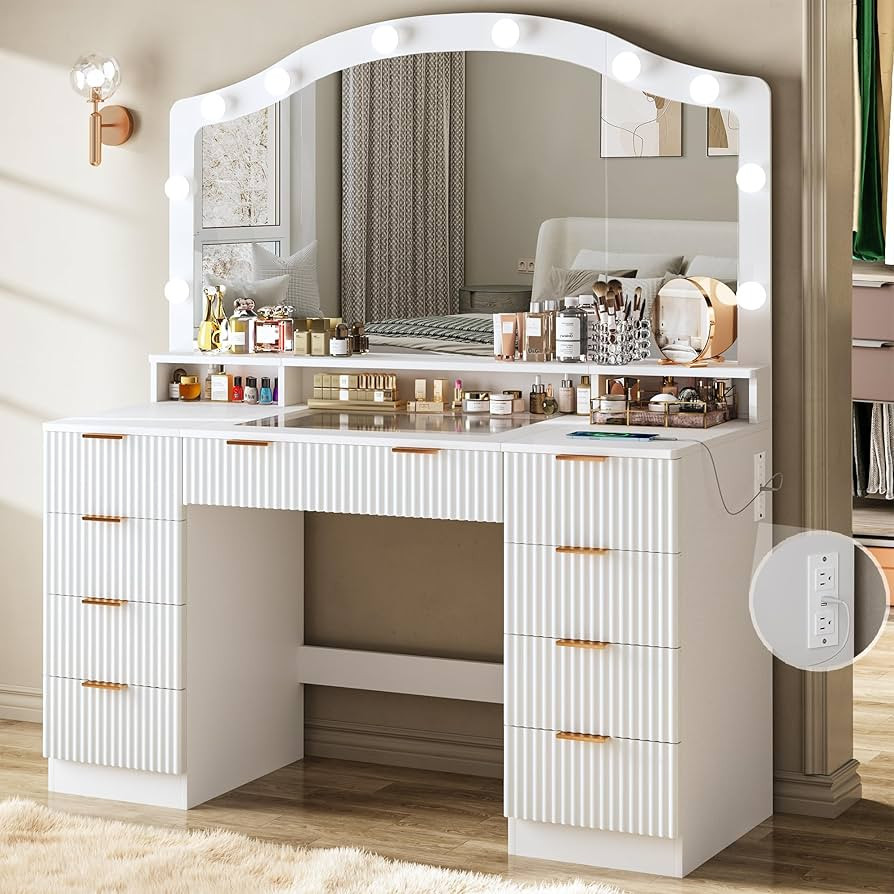 46" Fluted Vanity Desk with Large Mirror and Lights, Makeup Vanity Desk with Glass Top & Power Ou... | Amazon (US)