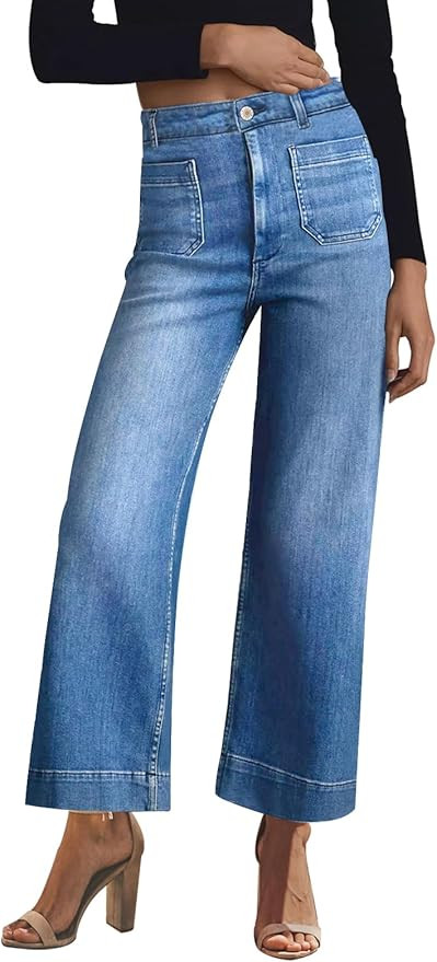 KUNMI Women's Wide Leg High Waisted Stretchy Straight Leg Jeans Baggy Loose Trendy Denim Pants | Amazon (US)