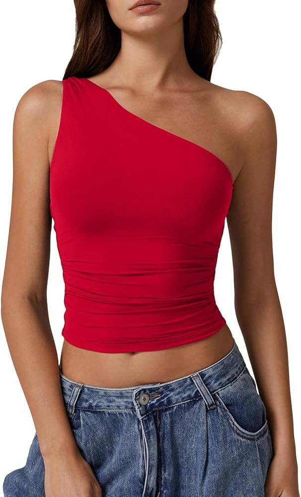 QINSEN Women's One Shoulder Tank Tops Double Lined Sleeveless Slim Fit Cropped Tee Shirt Y2k Tops | Amazon (US)