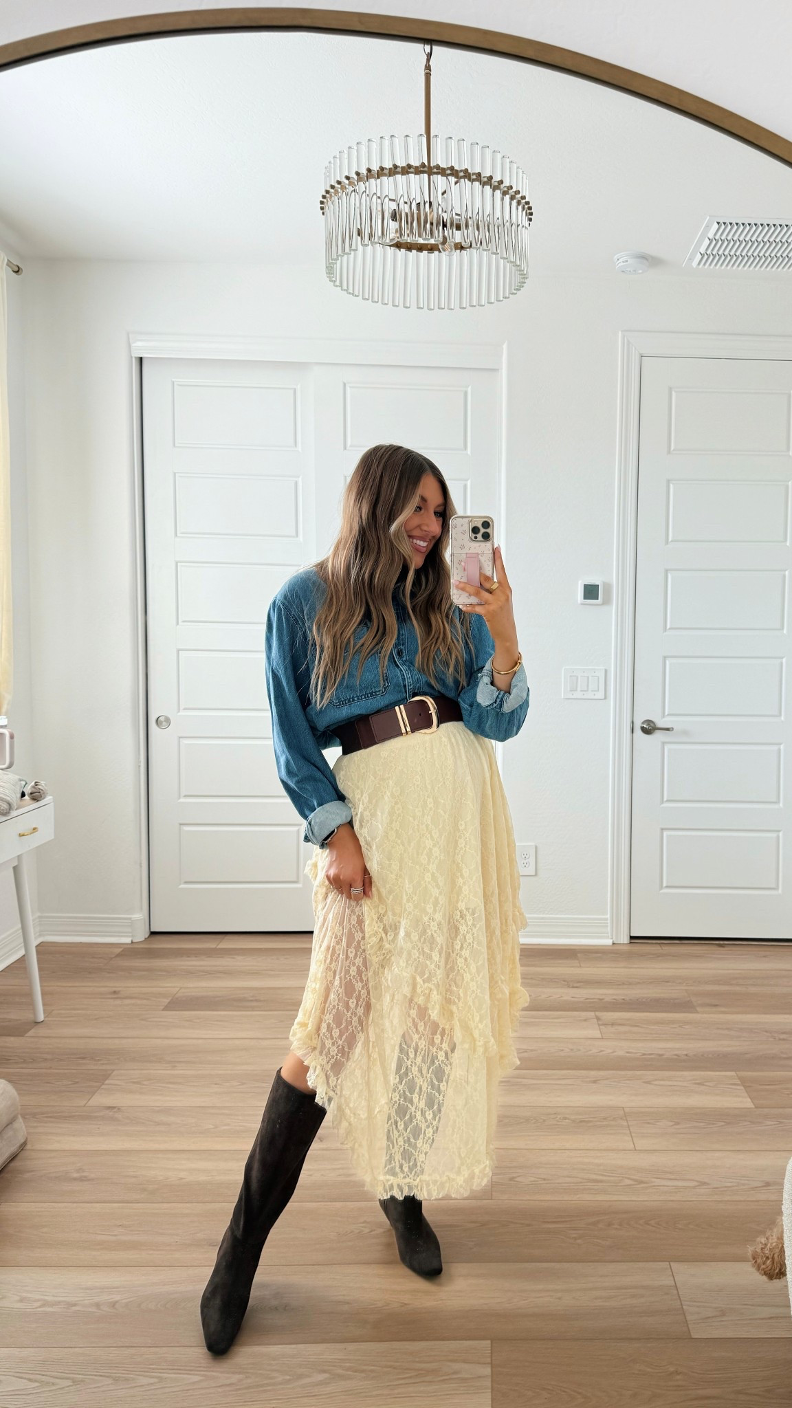 Bump & budget friendly fall outfit inspo! Wearing a medium in the skirt and large in the denim top 