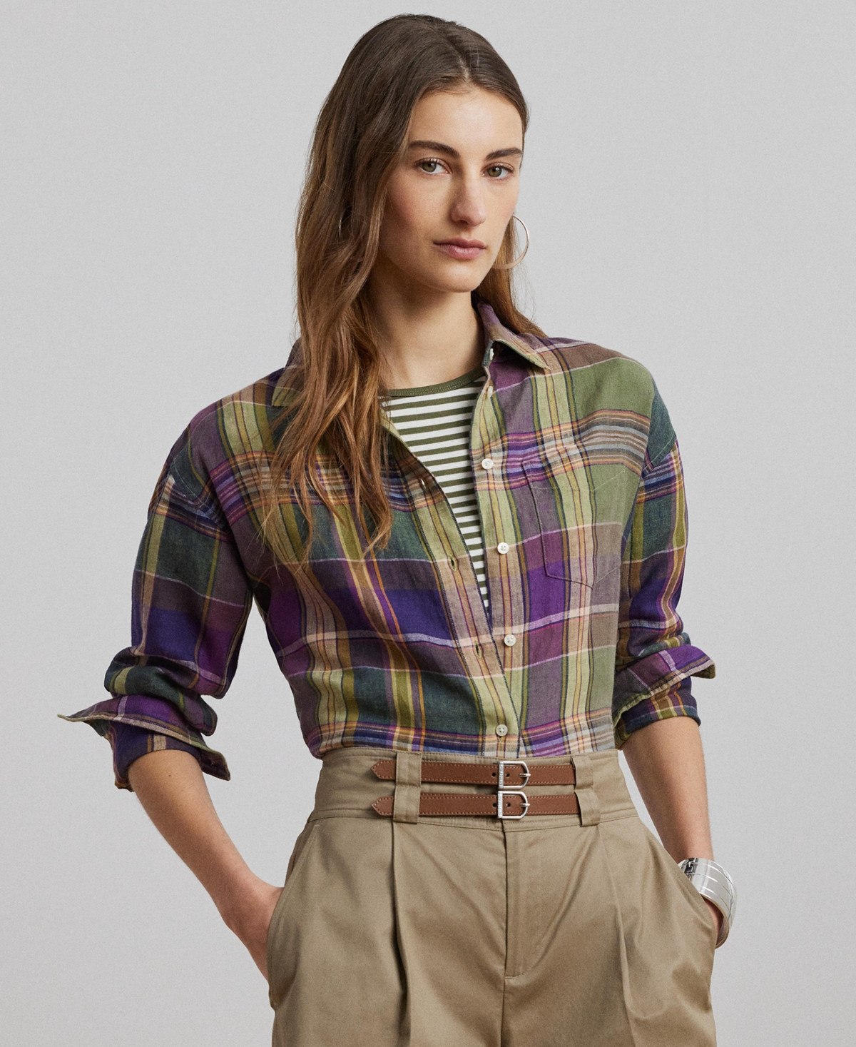 Lauren Ralph Lauren Women's Relaxed-Fit Plaid Linen Shirt, Regular & Petite - Purple/Green Multi | Macy's