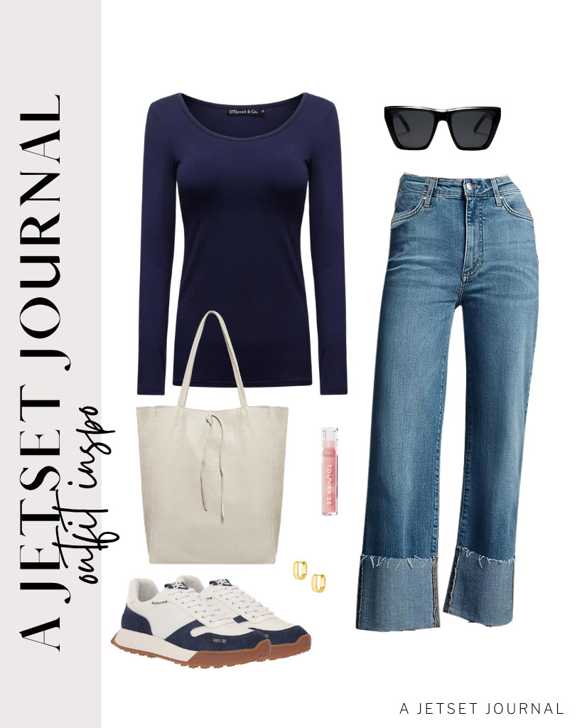 With these wide-leg jeans and dark blue long-sleeved top, you can look even more stunning! The outfit goes well with Sam Edelman's sneakers, and these small chunky hoops and cat-eye polarized sunglasses are the perfect additions.


#LTKSeasonal #LTKSaleAlert #LTKTravel 

 