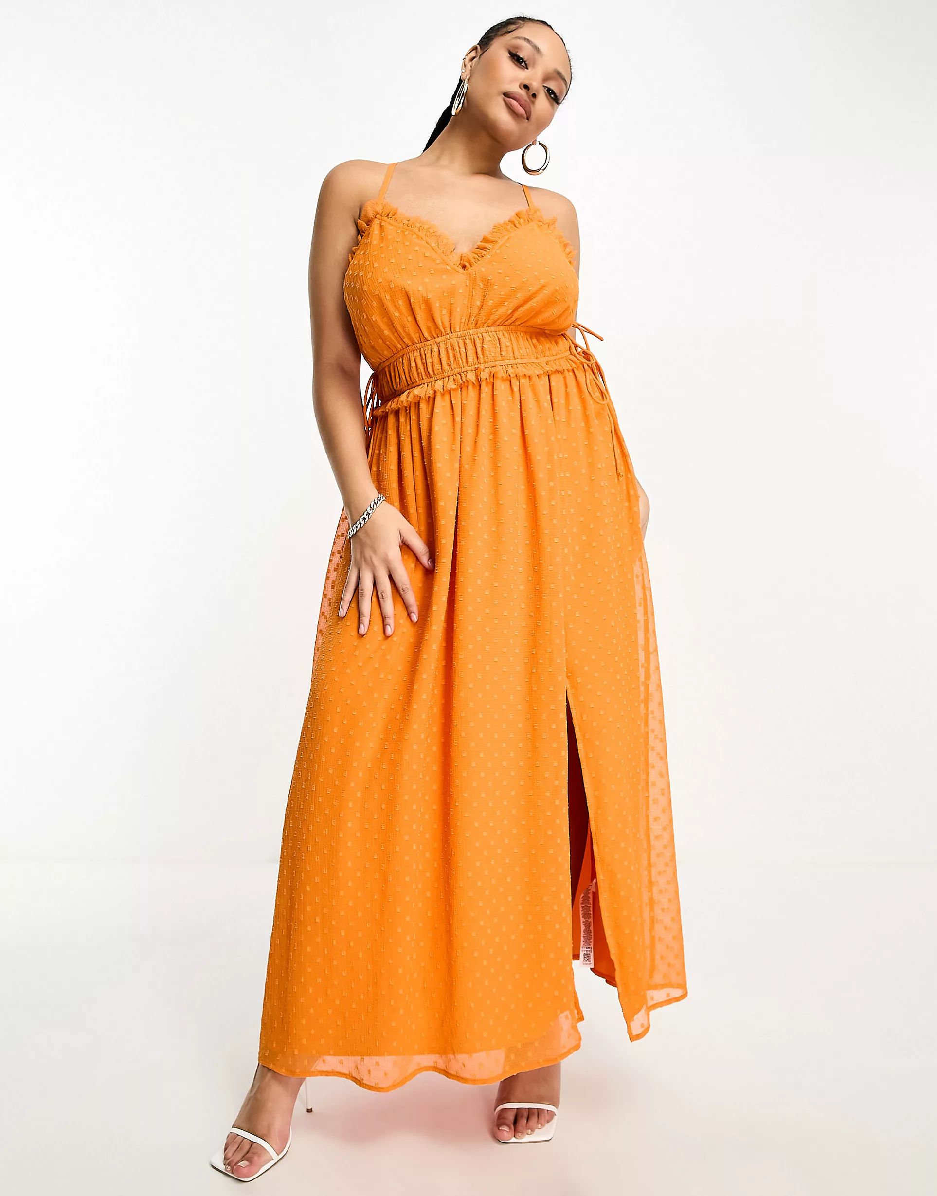 ASOS DESIGN Curve elastic frill waist midi slip dress in orange texture | ASOS (Global)