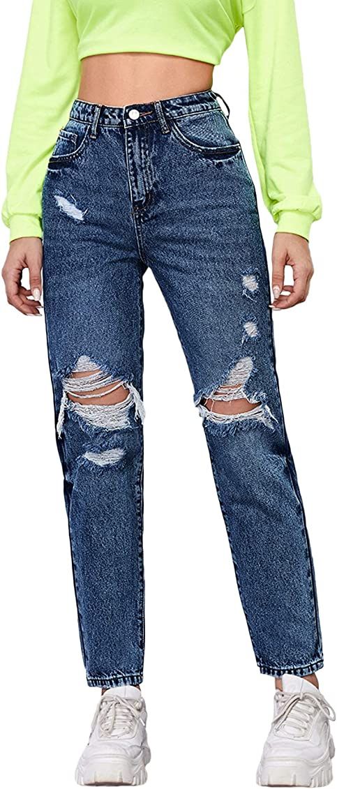 SheIn Women's High Waist Ripped Boyfriends Jeans Distressed Denim Long Pants | Amazon (US)