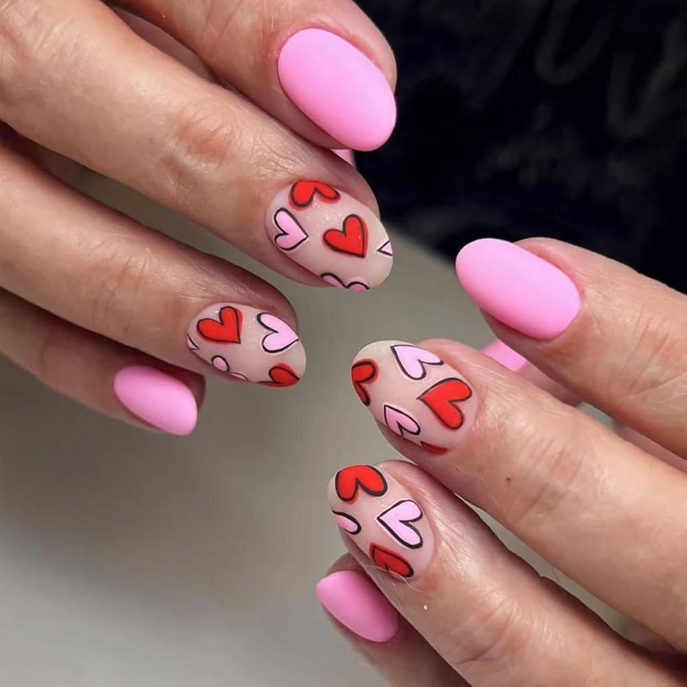 Valentine Press on Nails Short Almond Shape Fake Nails Pink Red Heart Nails Press ons Matte Valen... | Amazon (US)