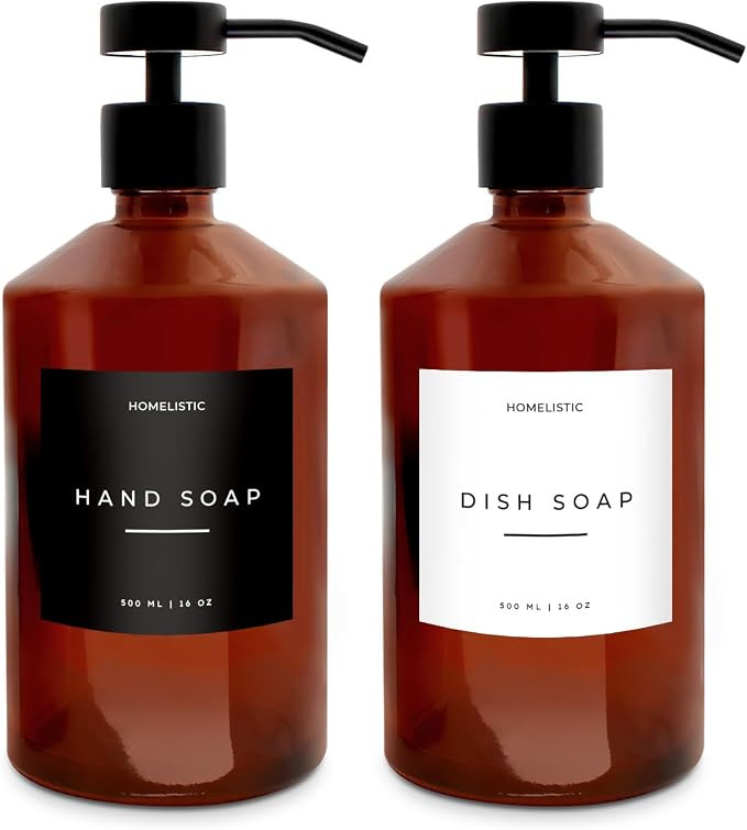 Luxury Glass Soap Dispenser Set of 2 - Elegant Amber Bottles with Matte Black Pumps, Ideal for Ki... | Amazon (US)