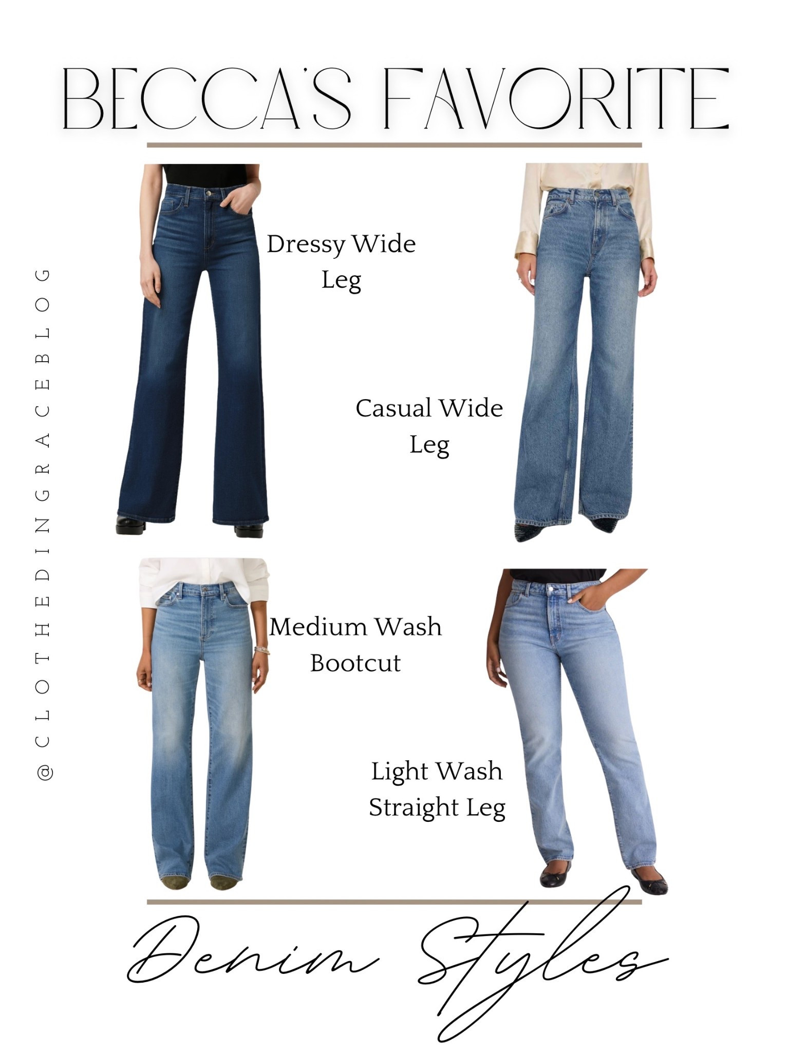 The four pairs of jeans I’m grabbing for over and over again. 

Dark wash wide leg - I wear a 26 and the inseam is 34 inches (they do offer a petite in this same style on their website) 
Medium wash wide leg - I wear a 26 long which is a 34 inseam (they offer petite and regular inseam also) 
Medium wash bootcut - I wear a 26 and the inseam is 33 inches
Light wash straight leg - I wear a 26 regular which is a 30 inseam